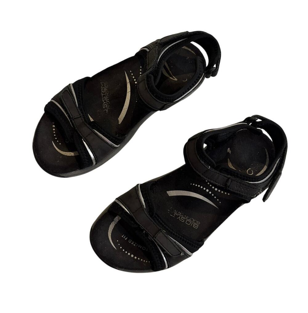 Abeo Goleta Sandals Black Silver Trim Leather Comfort Thong Womens 6 Narrow